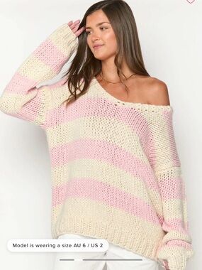 Beginning Boutique Oversized Off-Shoulder Sweater in Pink and Cream